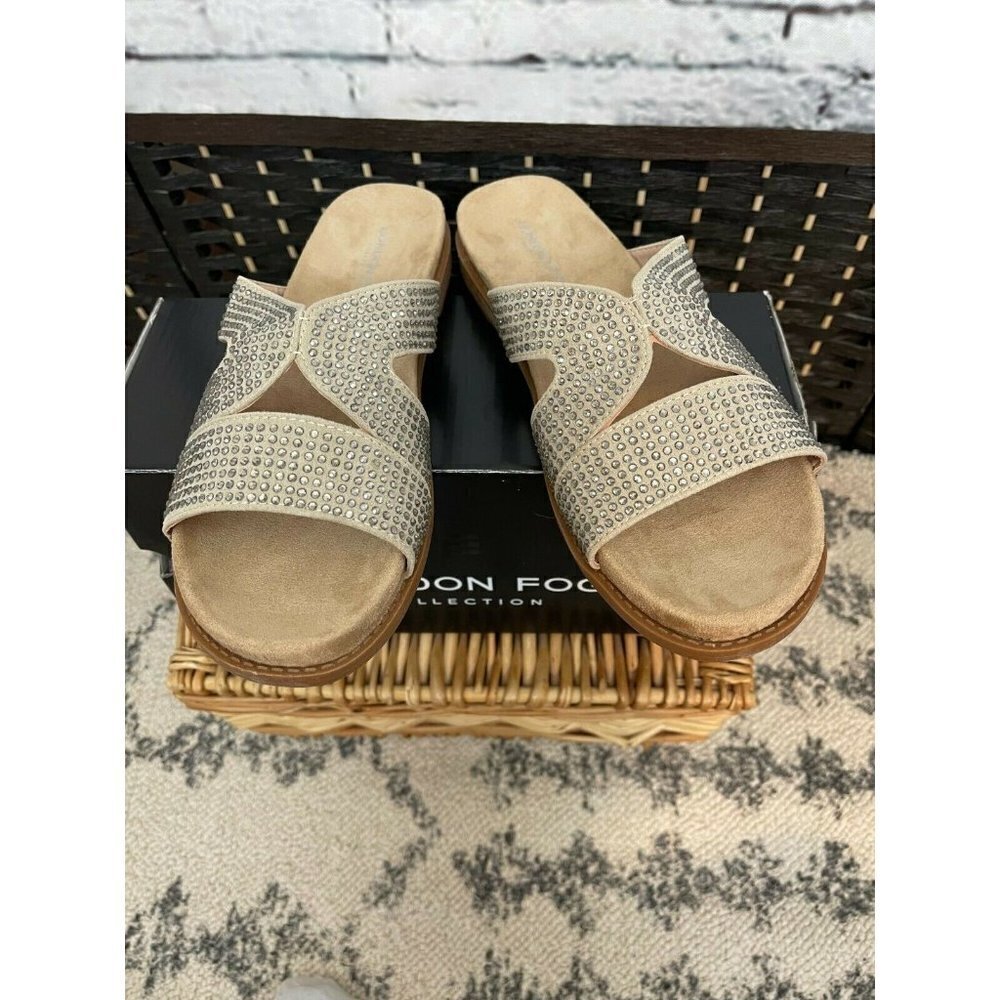 London Fog 8-M Taupe Rhinestone Embellished Foam Footbed Slide Sandals